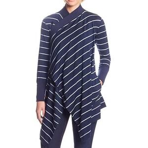 Icebreaker Bliss Wrap Merino Wool Cardigan Navy White Striped Tie Button Medium